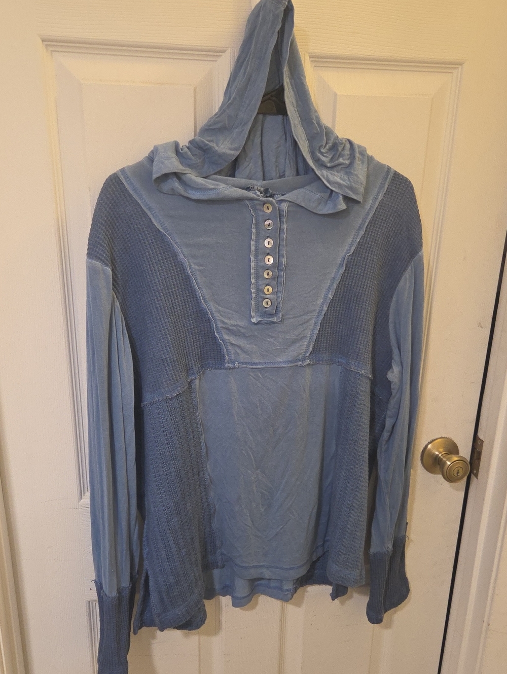 POL Dusty Blue Hooded Button-Up  Top